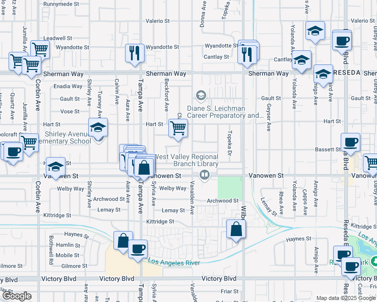 map of restaurants, bars, coffee shops, grocery stores, and more near 6901 Vanalden Avenue in Reseda