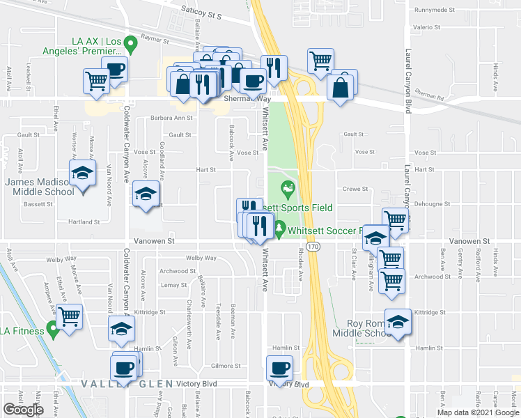 map of restaurants, bars, coffee shops, grocery stores, and more near 6857 Whitsett Avenue in Los Angeles