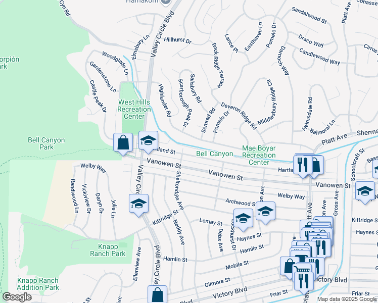 map of restaurants, bars, coffee shops, grocery stores, and more near 24237 Hartland Street in Los Angeles