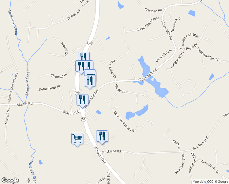 map of restaurants, bars, coffee shops, grocery stores, and more near 4708 Upper Berkshire Road in Flowery Branch