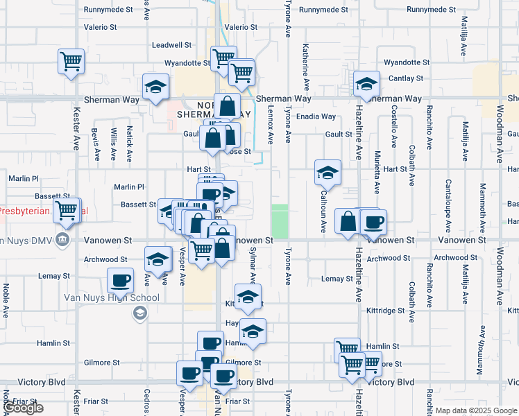 map of restaurants, bars, coffee shops, grocery stores, and more near 6851 Lennox Avenue in Los Angeles
