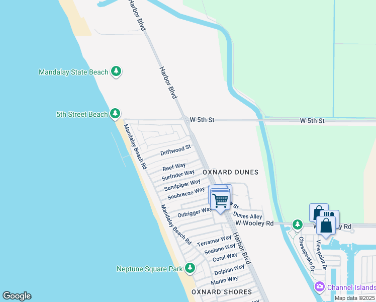 map of restaurants, bars, coffee shops, grocery stores, and more near 5246 Driftwood Street in Oxnard