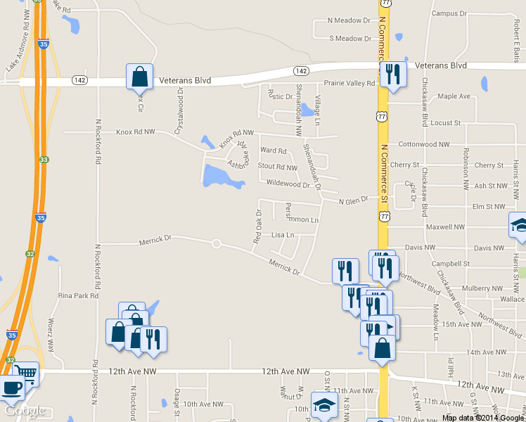 map of restaurants, bars, coffee shops, grocery stores, and more near 1916 Red Oak Dr in Ardmore