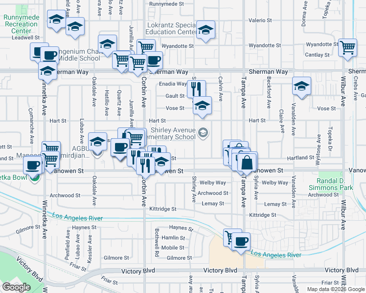 map of restaurants, bars, coffee shops, grocery stores, and more near 6850 Belmar Avenue in Los Angeles