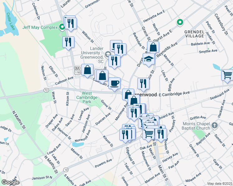 map of restaurants, bars, coffee shops, grocery stores, and more near 100 Andrews Avenue in Greenwood