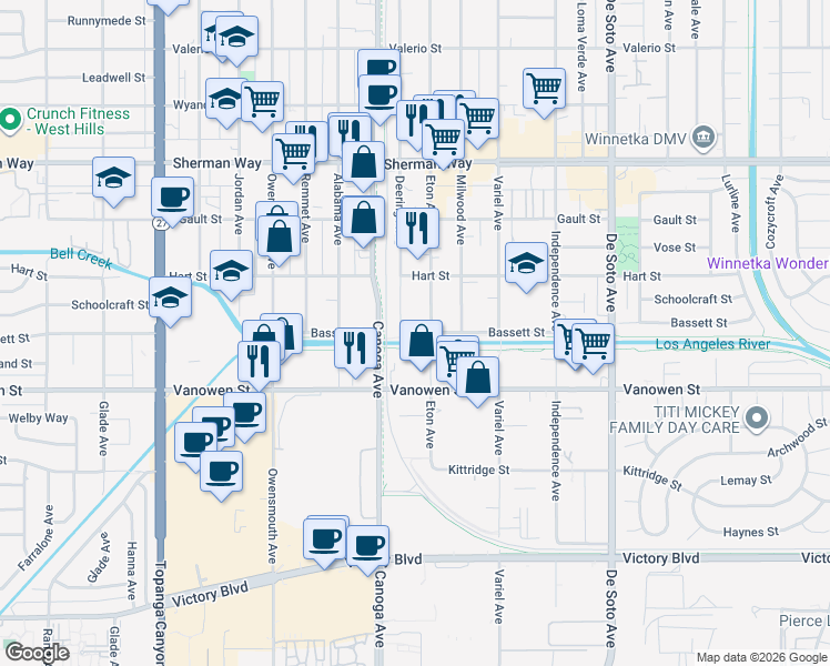 map of restaurants, bars, coffee shops, grocery stores, and more near 6900 North Deering Avenue in Los Angeles