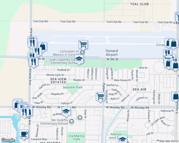 map of restaurants, bars, coffee shops, grocery stores, and more near in Oxnard