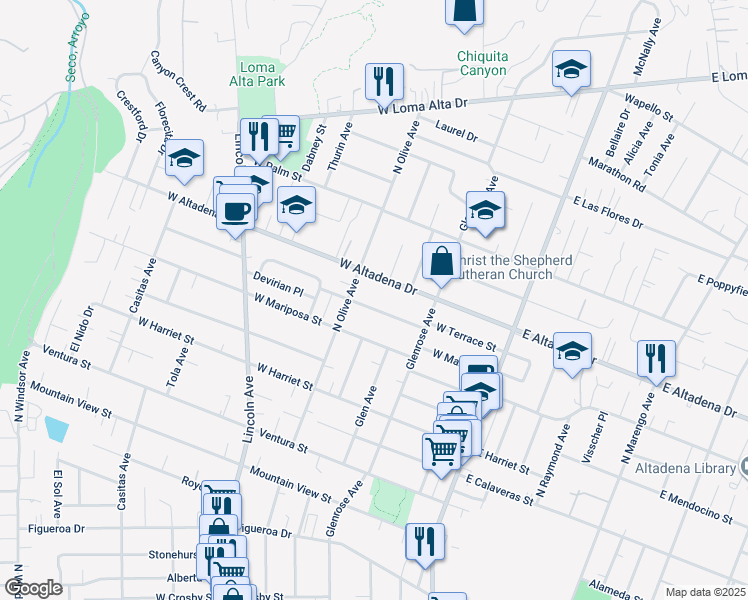 map of restaurants, bars, coffee shops, grocery stores, and more near 289 W Terrace St in Altadena
