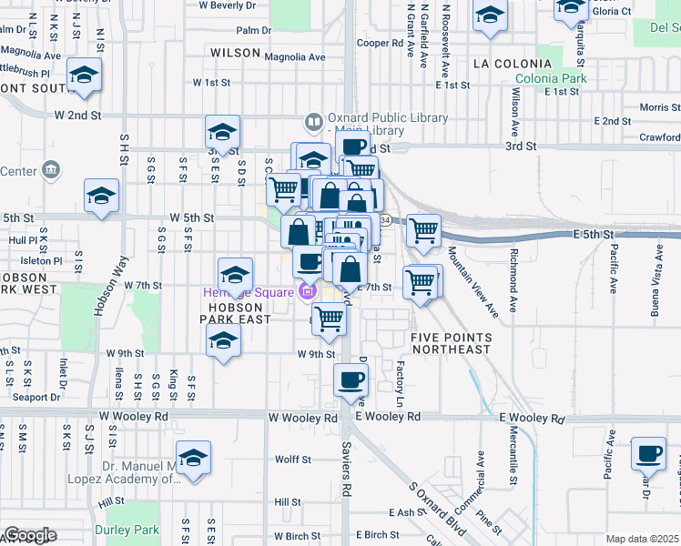 map of restaurants, bars, coffee shops, grocery stores, and more near 637 South Oxnard Boulevard in Oxnard