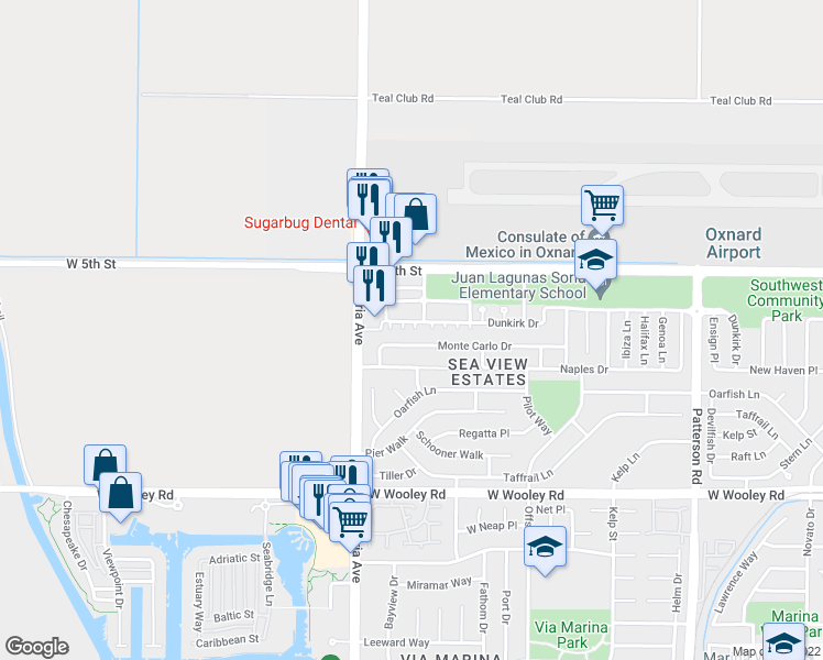 map of restaurants, bars, coffee shops, grocery stores, and more near 3746 Dunkirk Drive in Oxnard