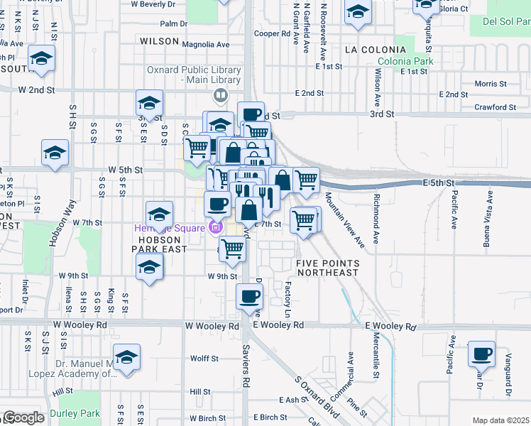 map of restaurants, bars, coffee shops, grocery stores, and more near 633 Meta Street in Oxnard