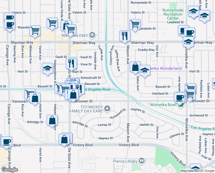 map of restaurants, bars, coffee shops, grocery stores, and more near 6905 Lurline Avenue in Los Angeles