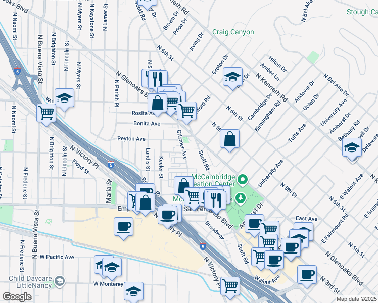 map of restaurants, bars, coffee shops, grocery stores, and more near 1825 Scott Road in Burbank