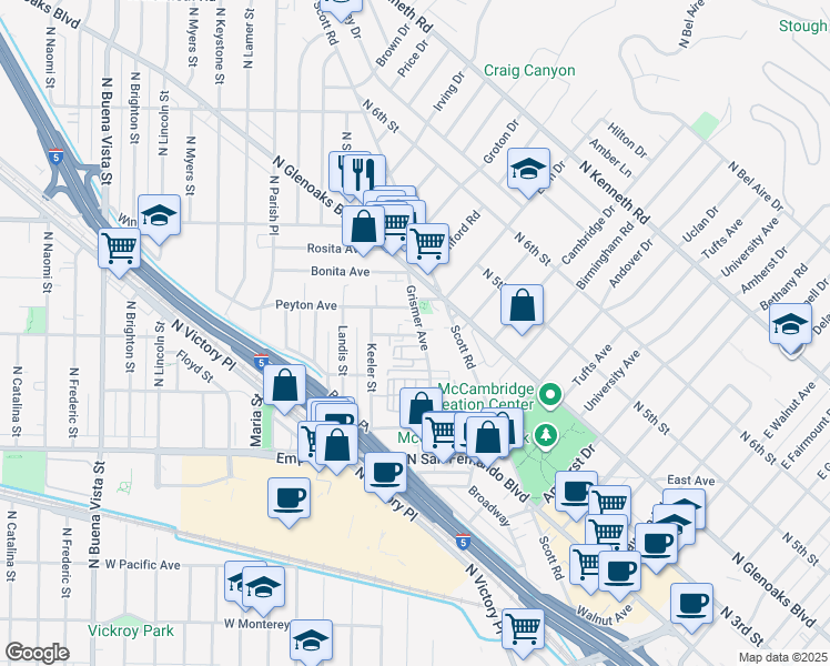map of restaurants, bars, coffee shops, grocery stores, and more near 1827 Grismer Avenue in Burbank