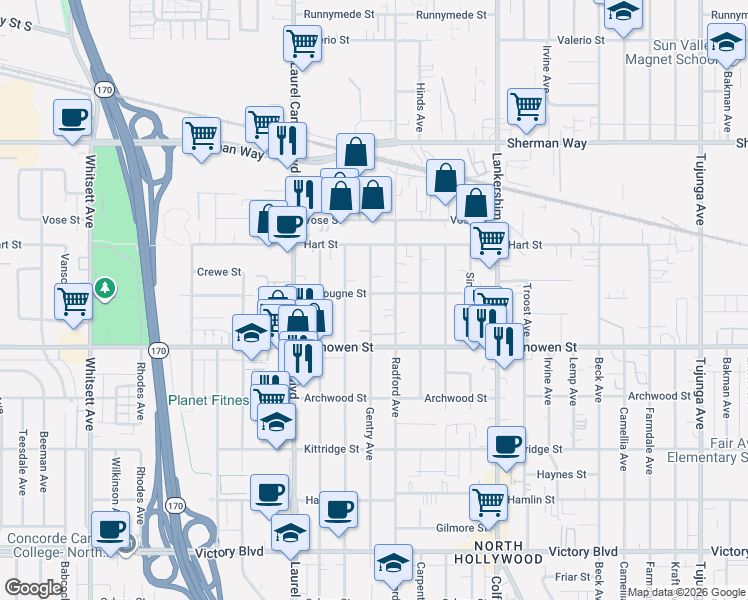 map of restaurants, bars, coffee shops, grocery stores, and more near 6853 Gentry Avenue in Los Angeles