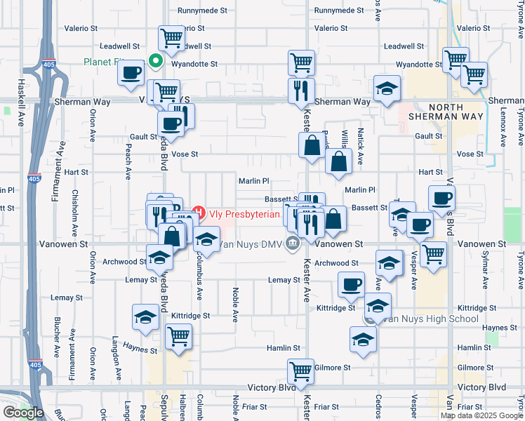 map of restaurants, bars, coffee shops, grocery stores, and more near 14955 Hartland Street in Los Angeles