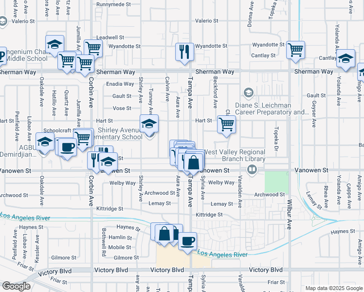 map of restaurants, bars, coffee shops, grocery stores, and more near 6855 Tampa Avenue in Los Angeles