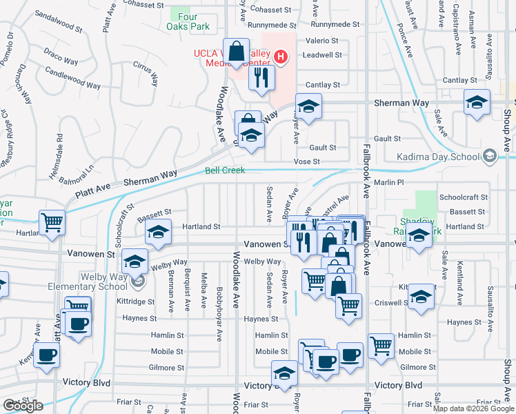 map of restaurants, bars, coffee shops, grocery stores, and more near 6929 Dannyboyar Avenue in Los Angeles