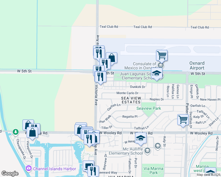 map of restaurants, bars, coffee shops, grocery stores, and more near 3746 Dunkirk Drive in Oxnard