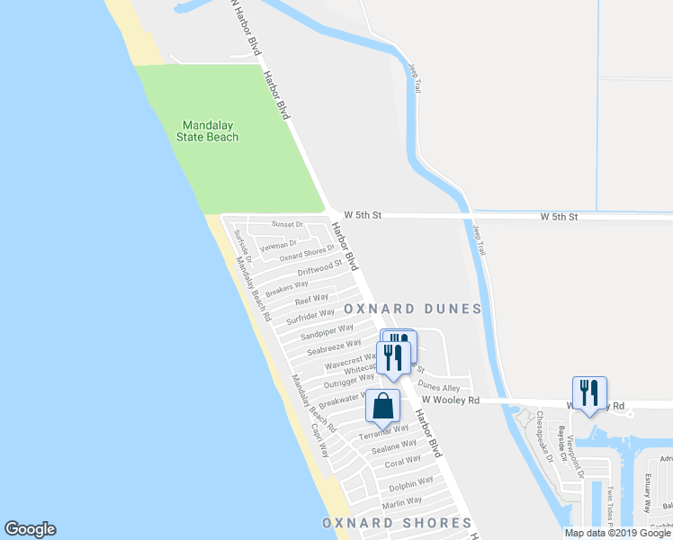 map of restaurants, bars, coffee shops, grocery stores, and more near 5246 Driftwood Street in Oxnard
