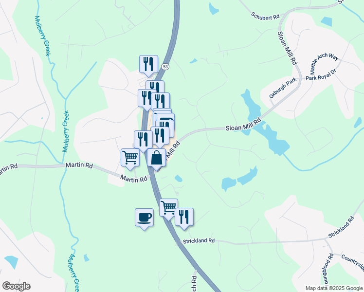 map of restaurants, bars, coffee shops, grocery stores, and more near 4722 Bedford Glen in Flowery Branch
