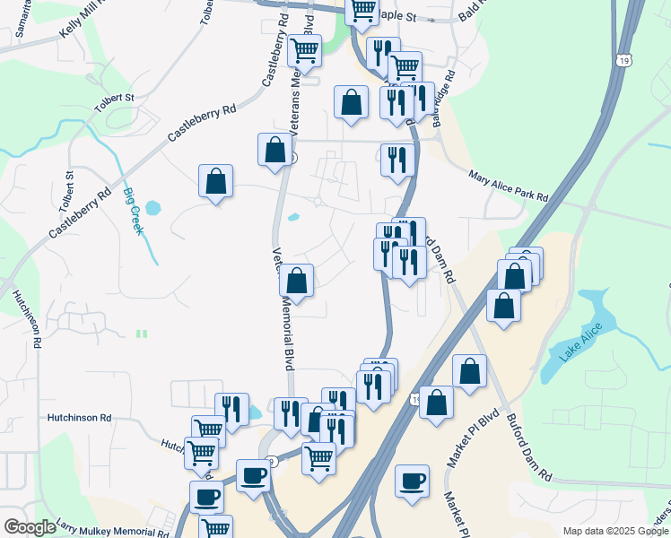 map of restaurants, bars, coffee shops, grocery stores, and more near 114 Stonehouse Drive in Cumming