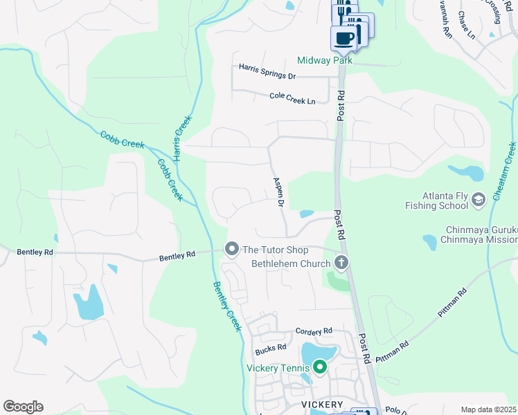 map of restaurants, bars, coffee shops, grocery stores, and more near 5925 Pine Bluff Drive in Cumming