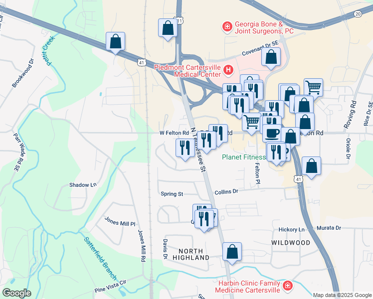 map of restaurants, bars, coffee shops, grocery stores, and more near 40 Felton Walk Blvd in Cartersville