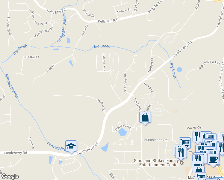 map of restaurants, bars, coffee shops, grocery stores, and more near 3289 Castleberry Village Drive in Cumming