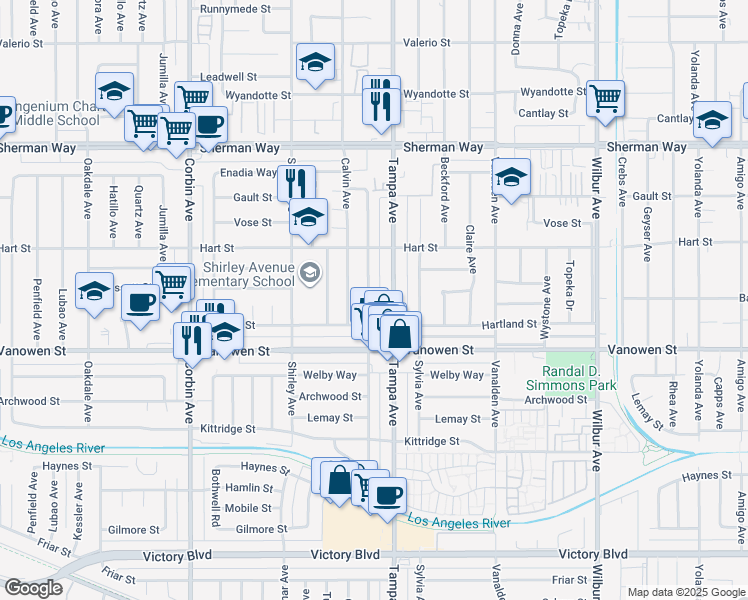 map of restaurants, bars, coffee shops, grocery stores, and more near 6855 Tampa Avenue in Los Angeles