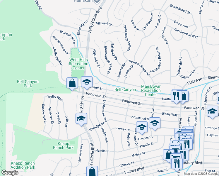 map of restaurants, bars, coffee shops, grocery stores, and more near 24237 Hartland Street in Los Angeles
