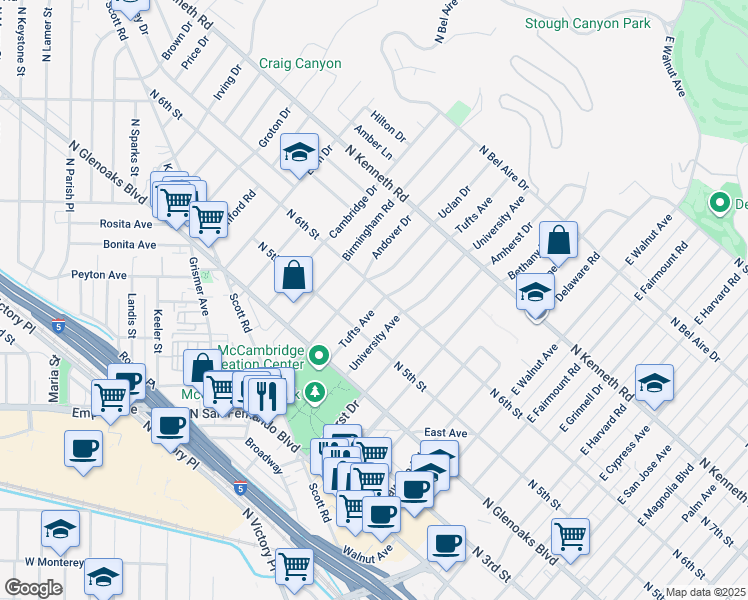 map of restaurants, bars, coffee shops, grocery stores, and more near 531 Tufts Avenue in Burbank