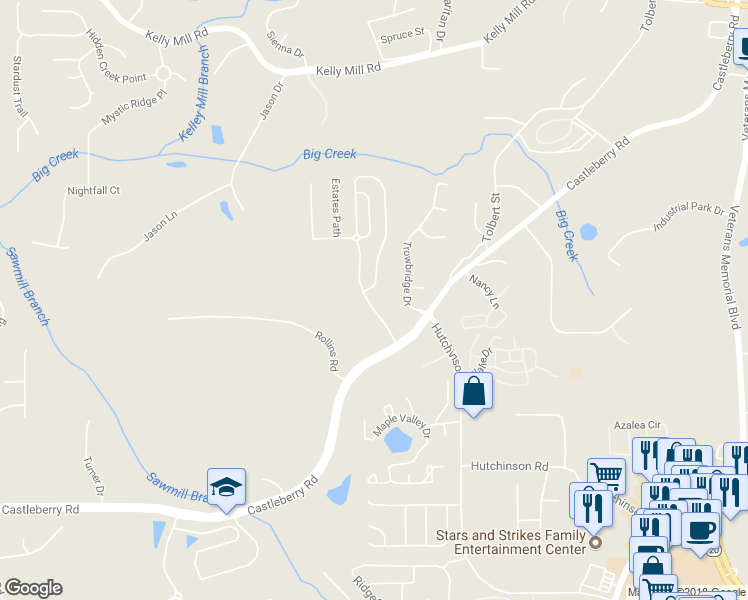 map of restaurants, bars, coffee shops, grocery stores, and more near 3286 Castleberry Village Drive in Cumming