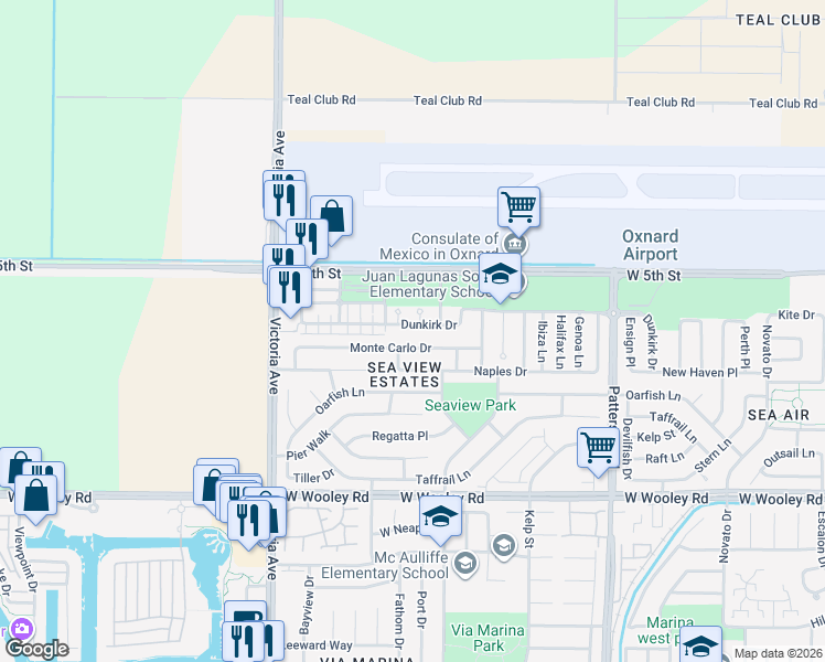 map of restaurants, bars, coffee shops, grocery stores, and more near 3514 Dunkirk Drive in Oxnard