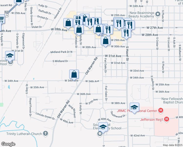 map of restaurants, bars, coffee shops, grocery stores, and more near 3219 Old Warren Road in Pine Bluff