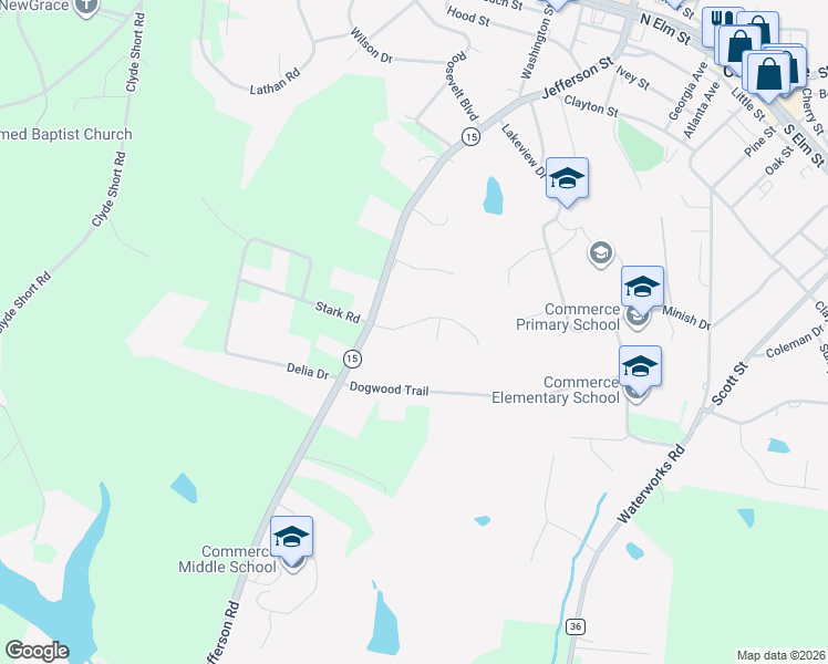 map of restaurants, bars, coffee shops, grocery stores, and more near 96 Magnolia Place in Commerce