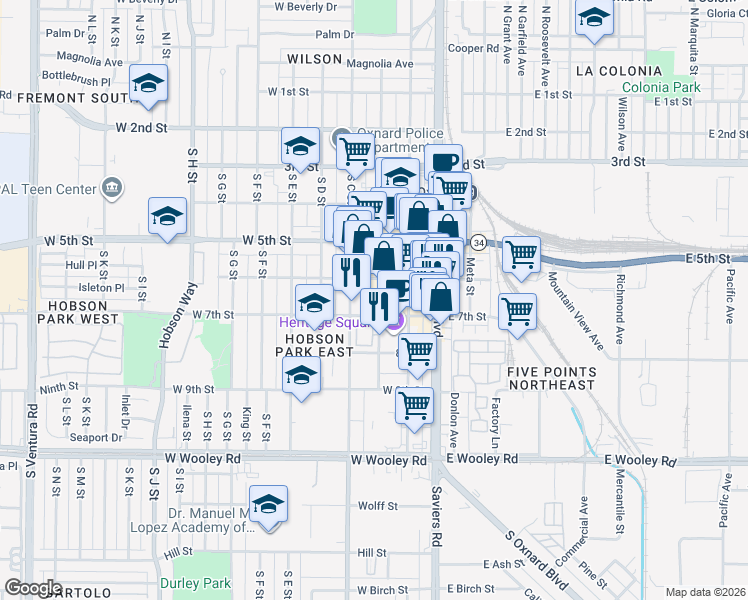 map of restaurants, bars, coffee shops, grocery stores, and more near 653 South B Street in Oxnard
