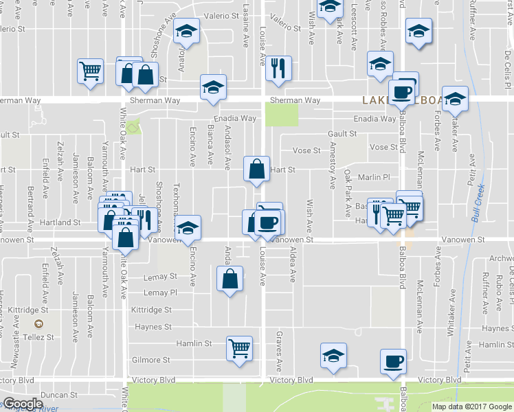 map of restaurants, bars, coffee shops, grocery stores, and more near 6859 Louise Avenue in Los Angeles