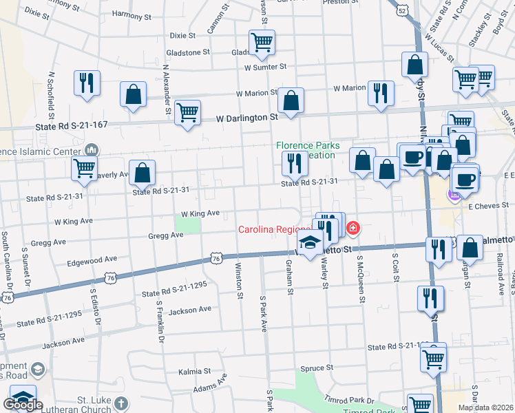 map of restaurants, bars, coffee shops, grocery stores, and more near 701 West King Avenue in Florence