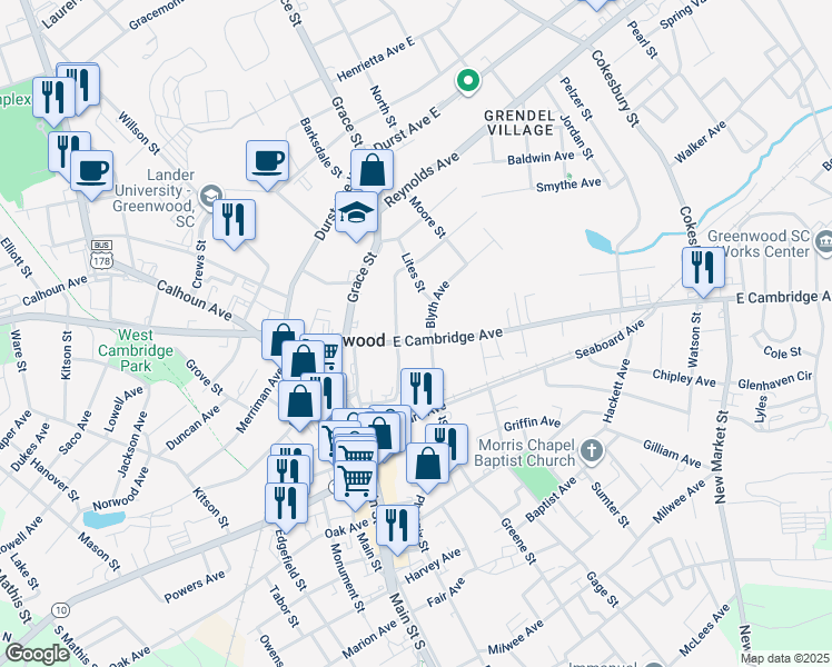 map of restaurants, bars, coffee shops, grocery stores, and more near 145 East Cambridge Avenue in Greenwood