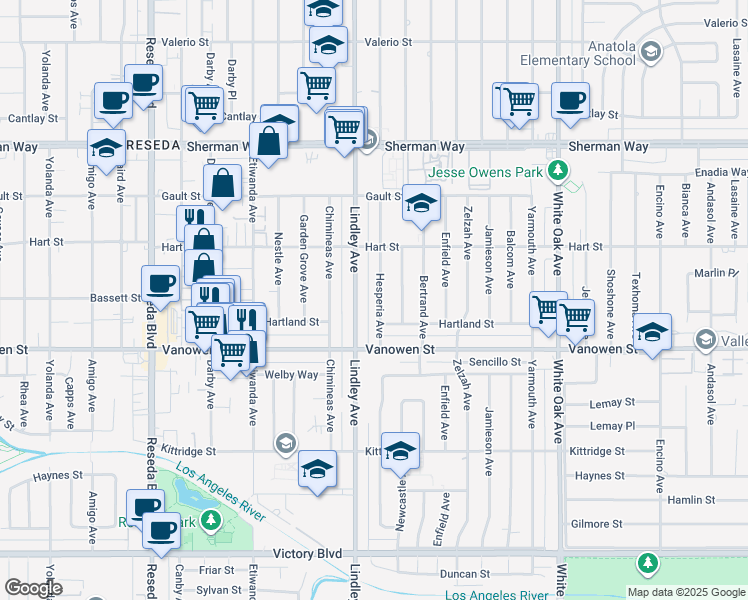 map of restaurants, bars, coffee shops, grocery stores, and more near 6859 Hesperia Avenue in Los Angeles