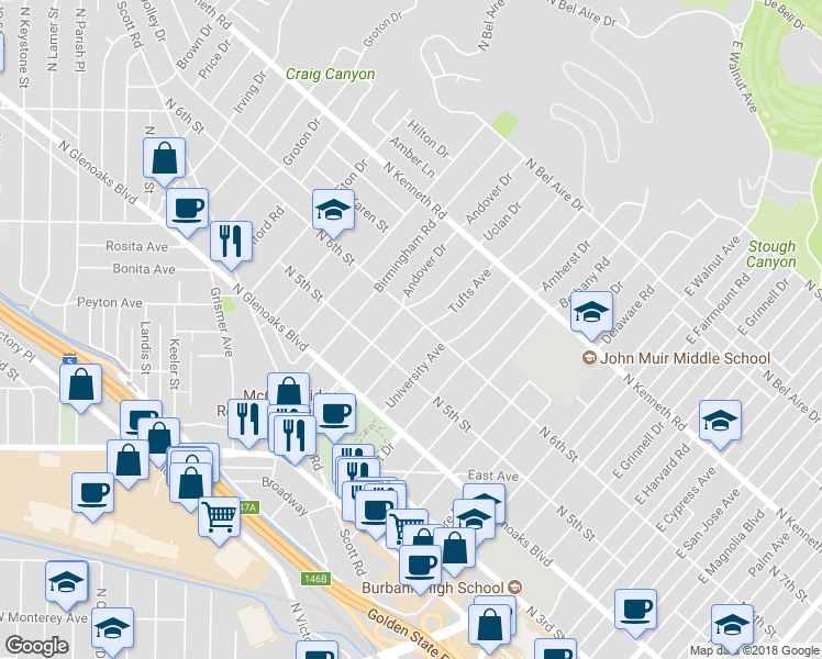 map of restaurants, bars, coffee shops, grocery stores, and more near 531 Tufts Avenue in Burbank