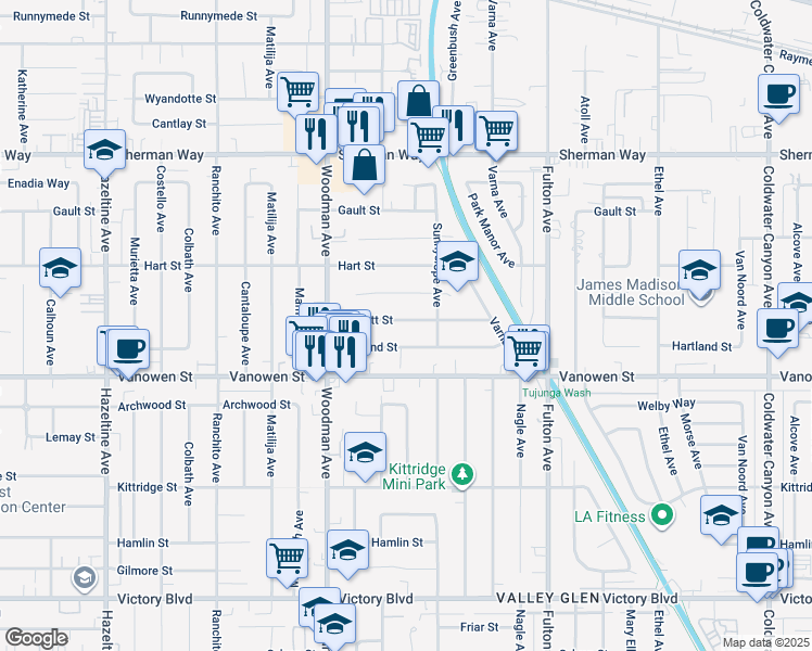 map of restaurants, bars, coffee shops, grocery stores, and more near 13534 Bassett Street in Los Angeles