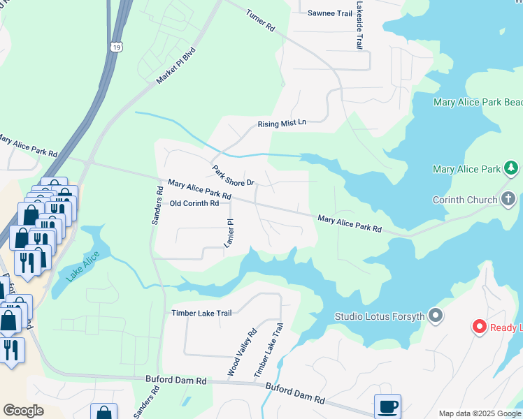 map of restaurants, bars, coffee shops, grocery stores, and more near 1120 Mary Alice Park Road in Cumming