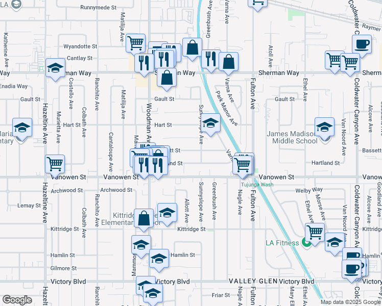 map of restaurants, bars, coffee shops, grocery stores, and more near 13526 Bassett Street in Los Angeles