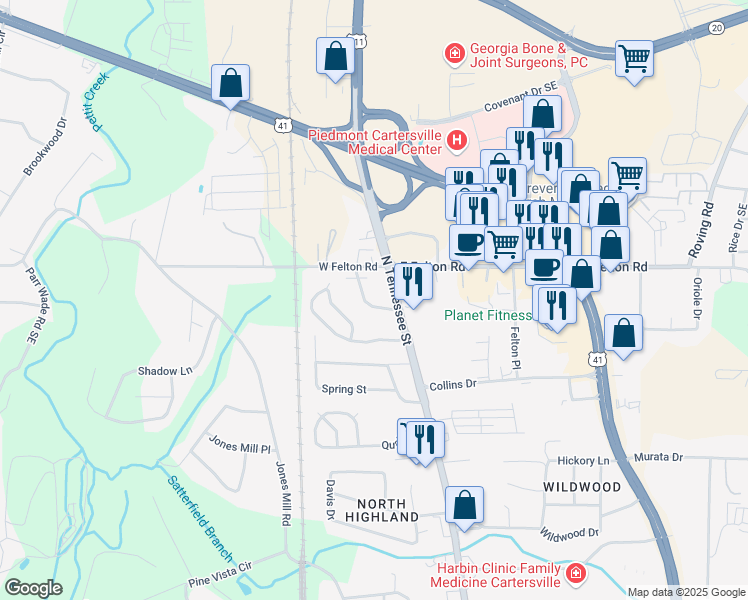 map of restaurants, bars, coffee shops, grocery stores, and more near 40 Felton Walk Blvd in Cartersville