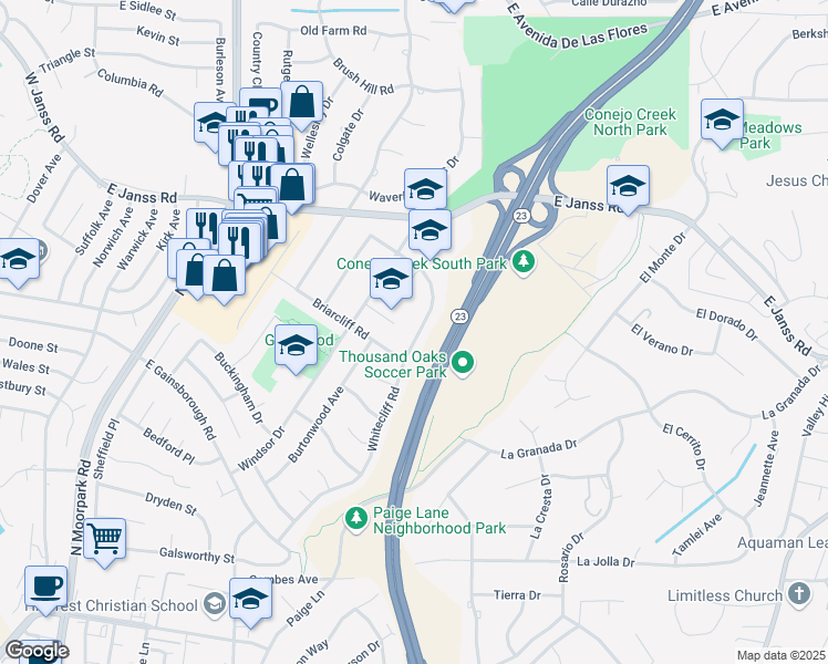 map of restaurants, bars, coffee shops, grocery stores, and more near 1291 Whitecliff Road in Thousand Oaks