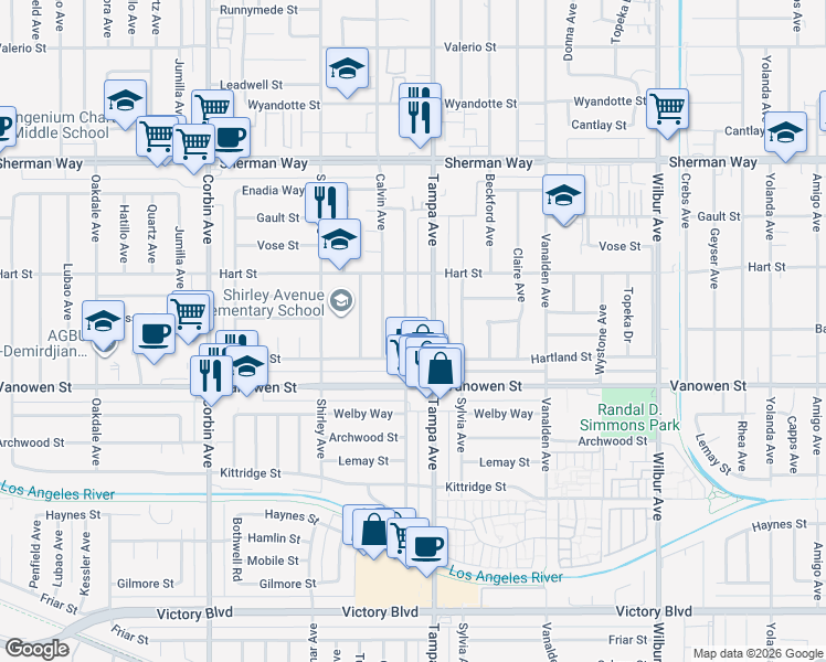 map of restaurants, bars, coffee shops, grocery stores, and more near Aura Avenue in Los Angeles