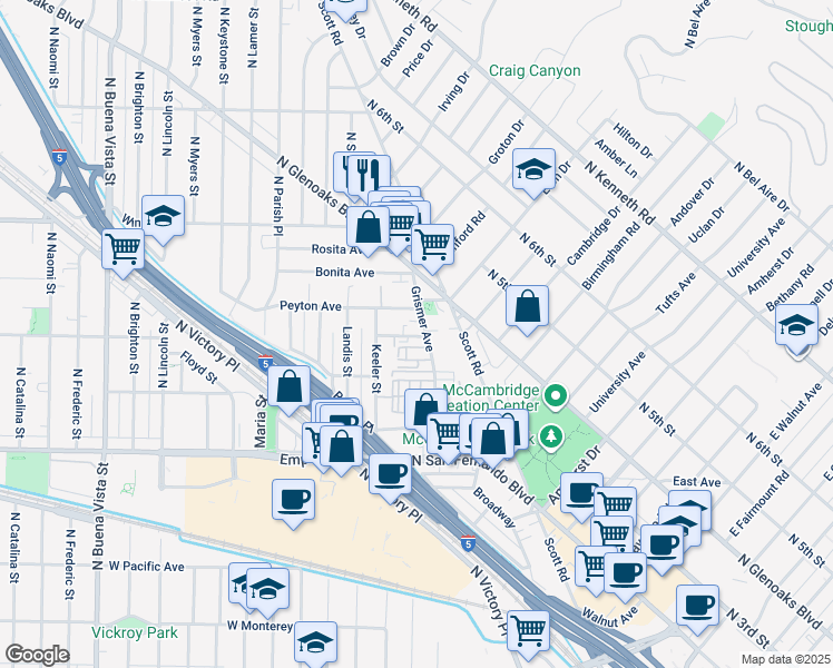 map of restaurants, bars, coffee shops, grocery stores, and more near 1712 Elliot Drive in Burbank