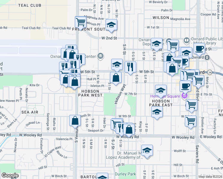 map of restaurants, bars, coffee shops, grocery stores, and more near in Oxnard
